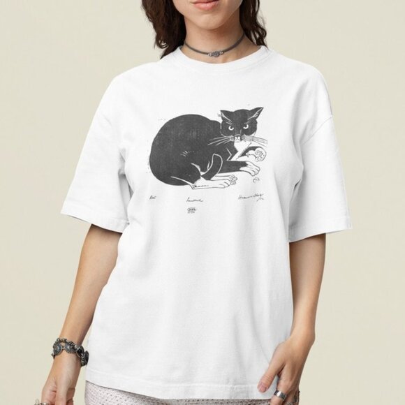 Tops - Cat Print T Shirt, Unisex Tee, Retro Cats Minimalist